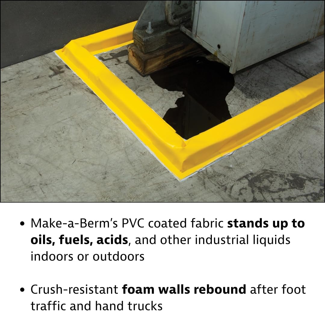 Justrite Fuel Spill Containment Curbs Make-A-Berm™ Complete Kit 50' Long x 1.5" High, Custom Chemical Spill Containment Berm System, Yellow PVC Coated Fabric, Made in The USA, 28464