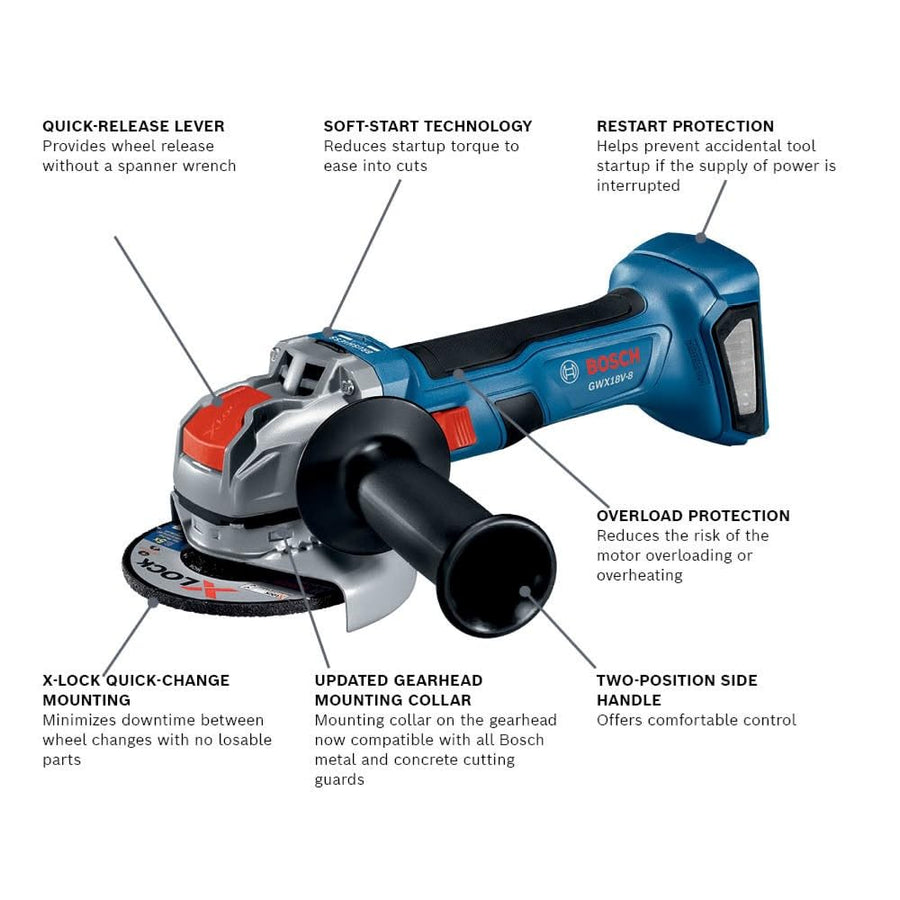 18V X-LOCK Bosch GWX18V-8N Brushless 4-1/2 In. Angle Grinder with Slide Switch (Bare Tool)