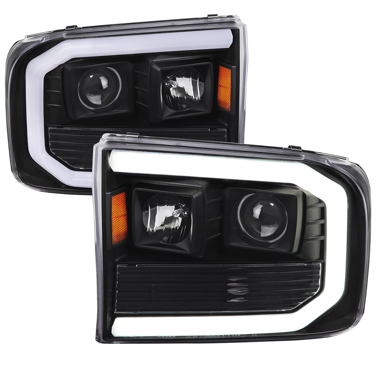 Black SPEC-D TUNING Projector Headlights w/LED Tube Compatible with 1999-2004 Ford F-250, F-350, F-450 SuperDuty, Left + Right Pair Headlamps Assembly