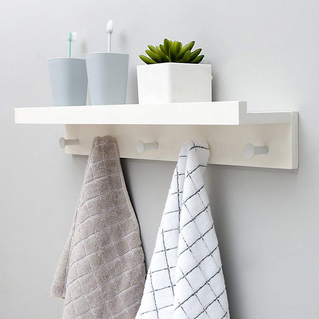 YIMJ Wall Shelf Coat Rack Bamboo Wooden Hook Rack With 5 Alloy Hooks And Upper Shelf For Storage For The Entrance Hallway Bathroom Living Room Bedroom Kitchen, White