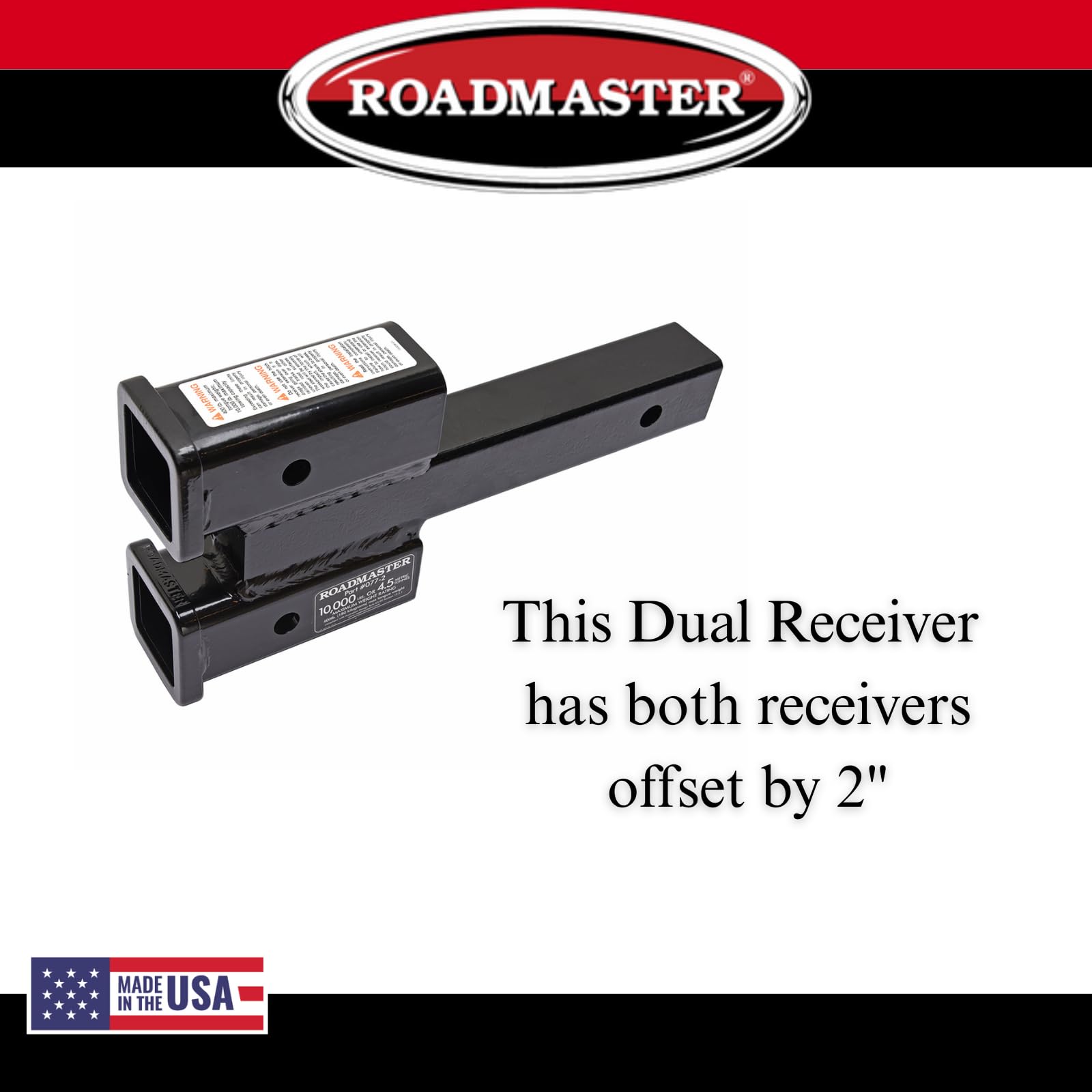 Dual Receiver Hitches Roadmaster 077-2 with 2" Top and Bottom Offset fits 2" Receiver Hitch | 10,000 lbs Towing Capacity | 400 lbs Max Tongue Weight | Durable Powder Coat Finish | Made in The USA