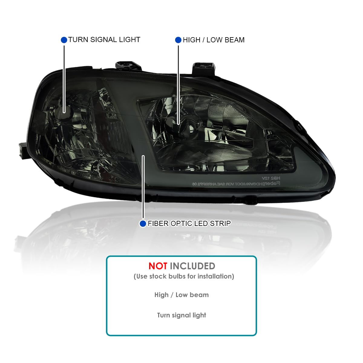 Smoke SPEC-D TUNING Headlights w/LED Strip Compatible with 1999-2000 Honda Civic EK/EJ/EM