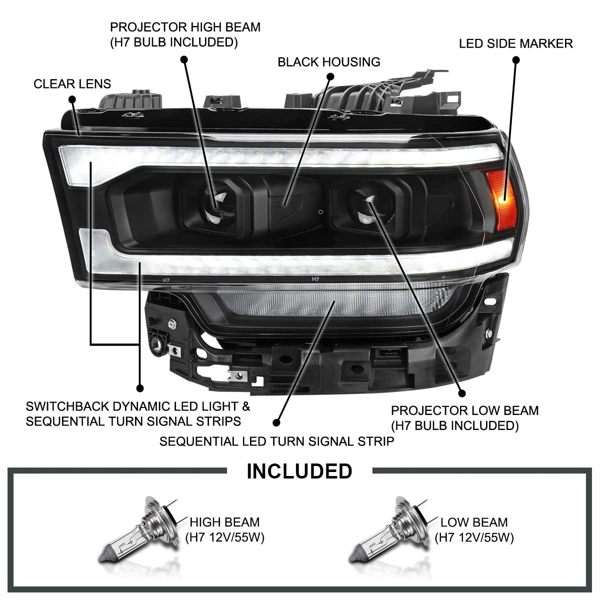 Dual Projector Headlights SPEC-D TUNING Black w/Sequential LED Turn Signal and Startup Animation Compatible with 2019-2024 Dodge Ram 2500, 3500, 4500, Left + Right Pair Headlamps Assembly
