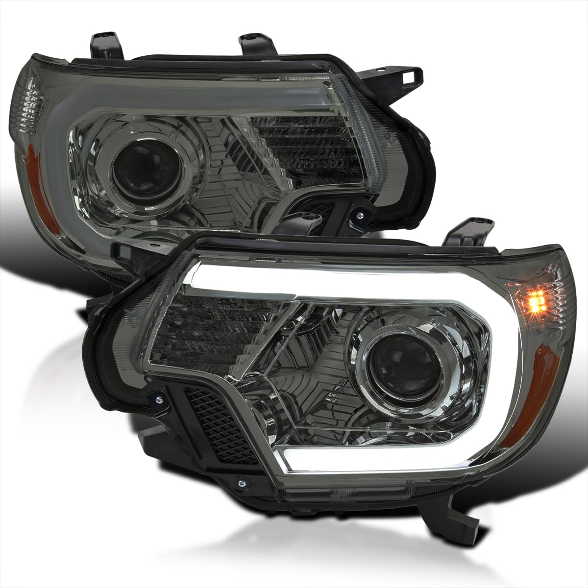 Smoke Spec-D Tuning Projector Headlights w/LED Bar Compatible with 2012-2015 Toyota Tacoma, Left + Right Head Lights Assembly