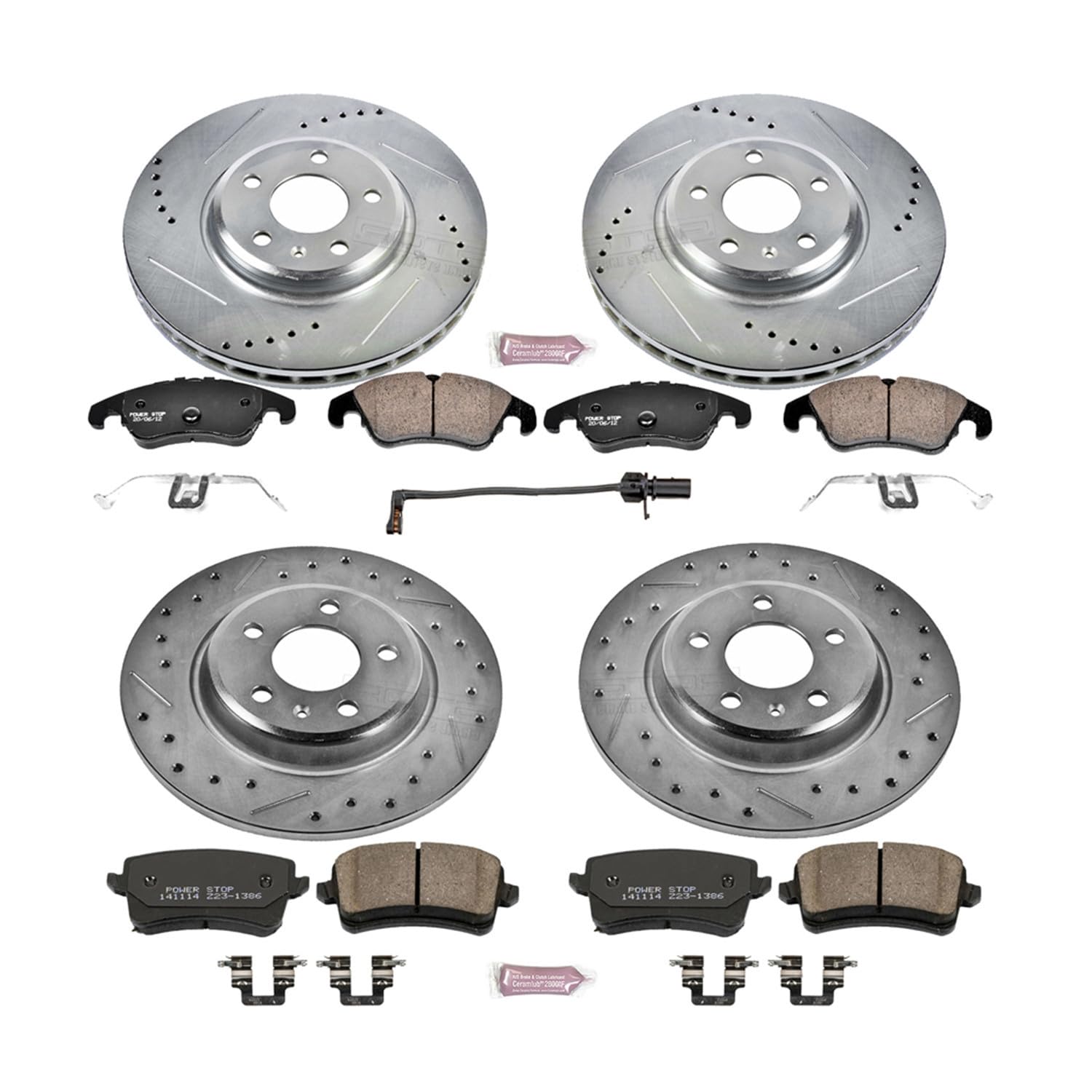 K5754 Power Stop Front and Rear Z23 Carbon Fiber Brake Pads with Drilled & Slotted Brake Rotors Kit and 1 Front Sensor Wire For A4, A4 Quattro, A5, A5 Quattro, Q5 [Model Specific]