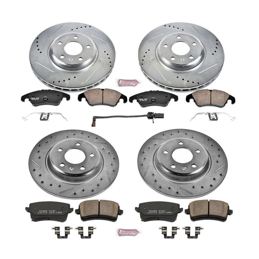 K5754 Power Stop Front and Rear Z23 Carbon Fiber Brake Pads with Drilled & Slotted Brake Rotors Kit and 1 Front Sensor Wire For A4, A4 Quattro, A5, A5 Quattro, Q5 [Model Specific]