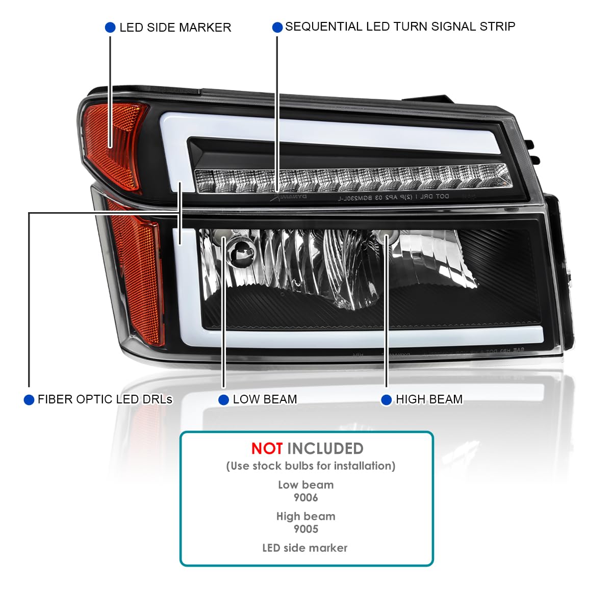 Black Headlights + Corner Lights w/LED Tube SPEC-D TUNING Compatible with 2004-2012 Chevy Colorado, GMC Canyon Left+Right Head Lamp Assembly