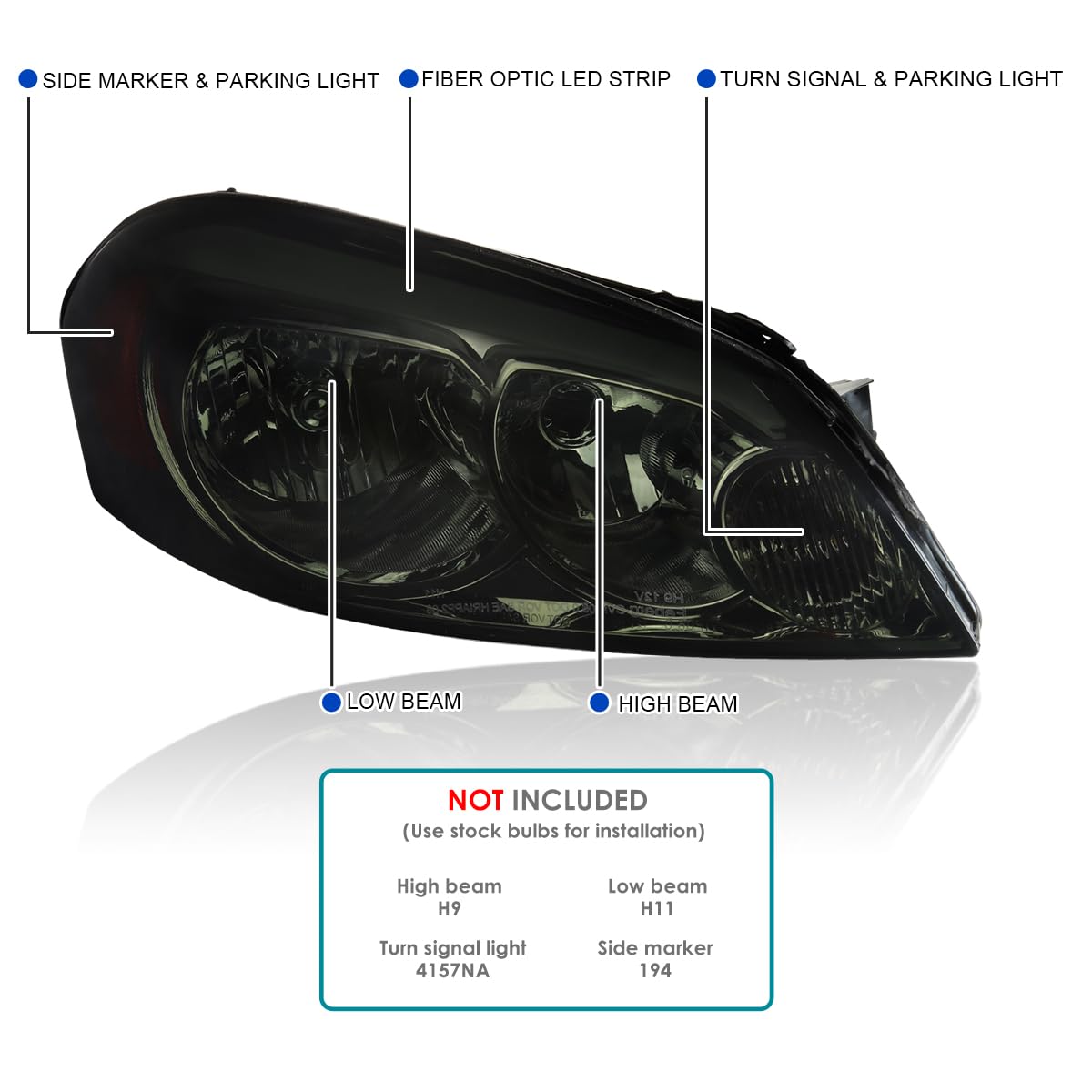Smoke Headlights w/LED Strip Spec-D Tuning Compatible with 2006-2013 Chevy Impala, 2006-2007 Monte Carlo, Left + Right Pair Headlamps Assembly