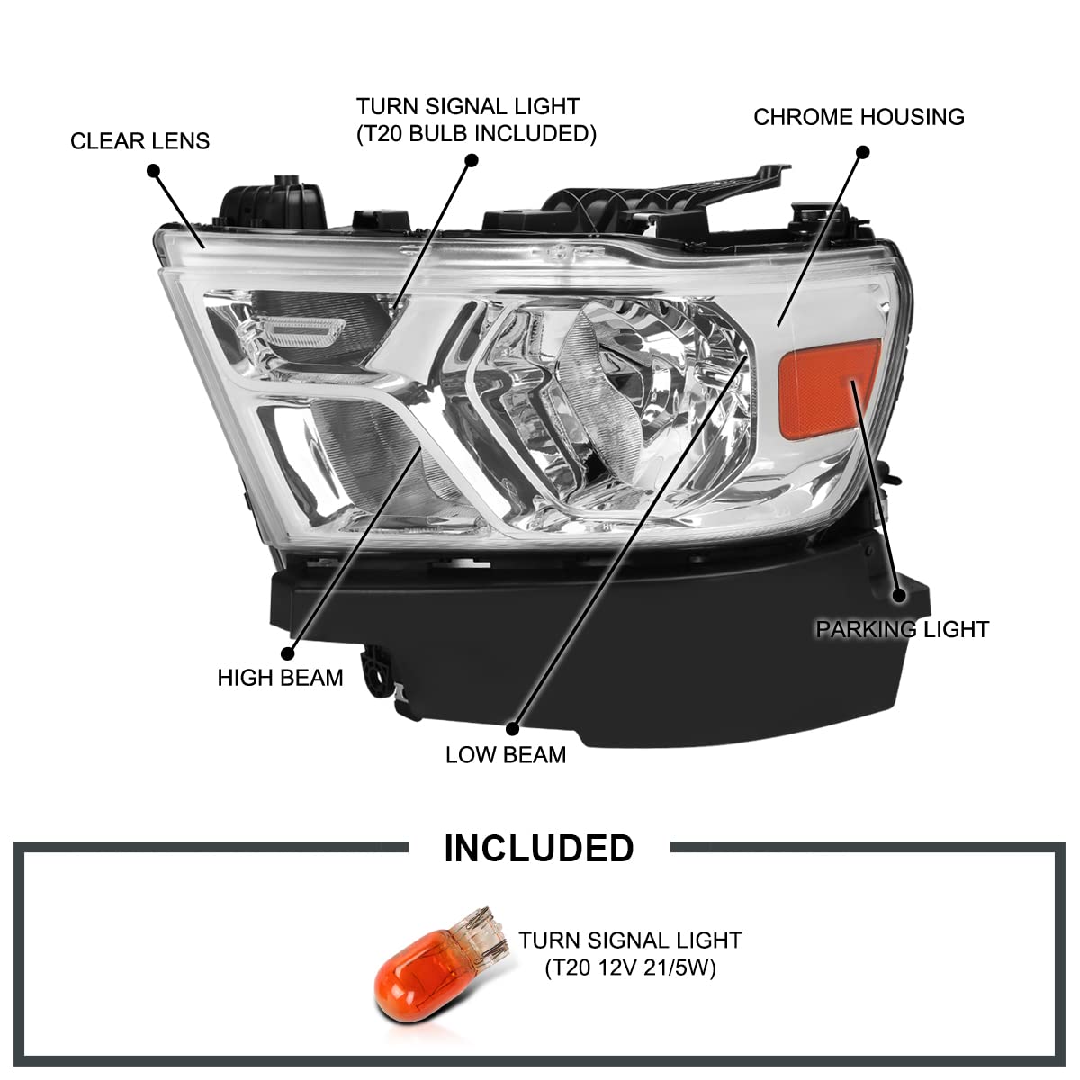 Replacement SPEC-D TUNING Chrome Headlights Compatible with 2019-2024 Ram 1500, Left + Right Pair Headlamp Assembly
