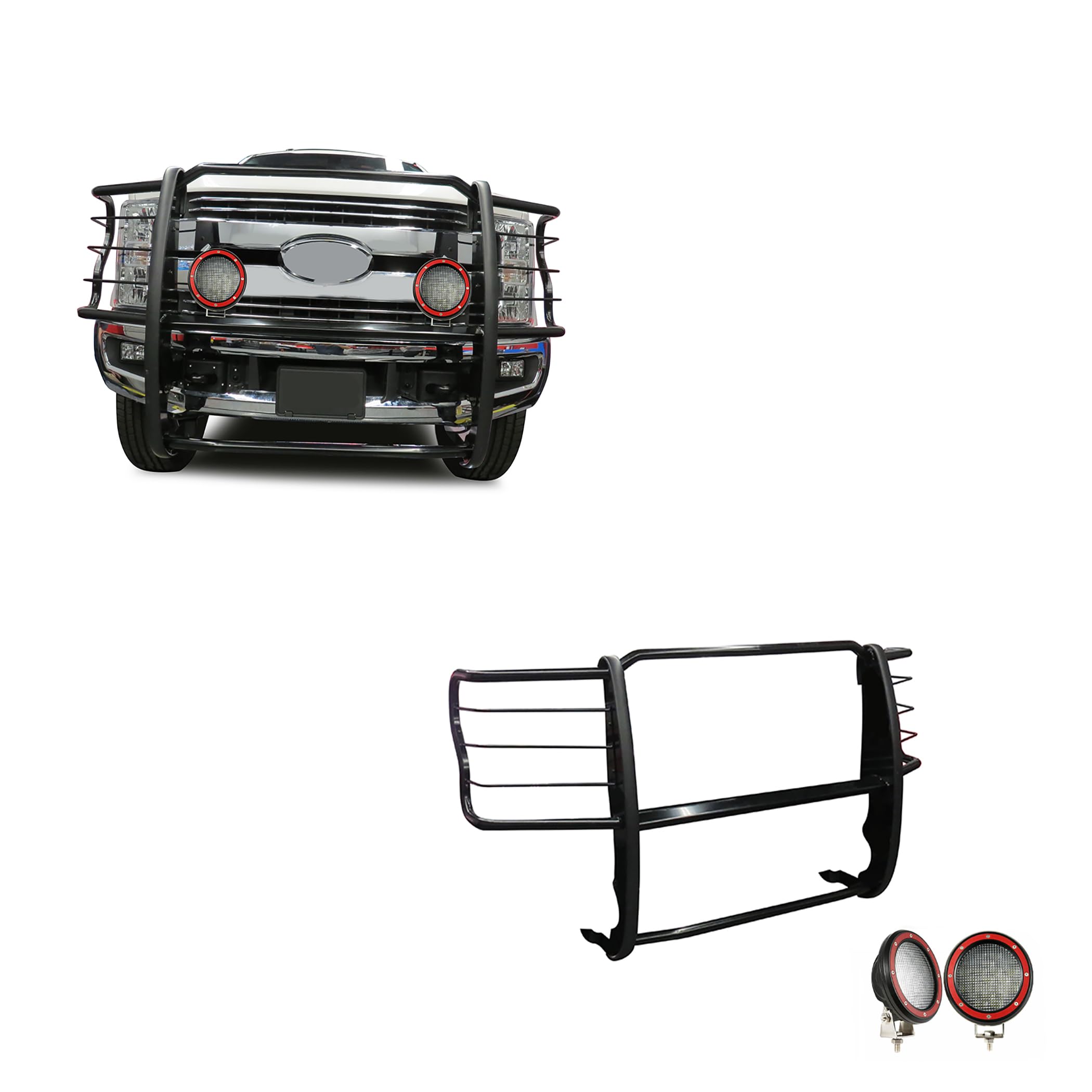 Bumper Guard Black Horse Grille brush Modular Come With Pair of 5.3"LED Lights with Red Trim Rings Compatible with 2017-2023 Ford F-250/Ford F-350/Ford F-450/Ford F-550 Super Duty-17FB28MA-PLFR