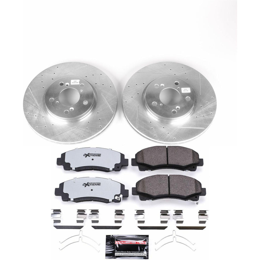 Front Brake Kit Power Stop For 2012 2013 2014 Honda Ridgeline - Truck & Tow Carbon Fiber Ceramic Brake Pads & Drilled and Slotted Rotors Replacement, K5939-36