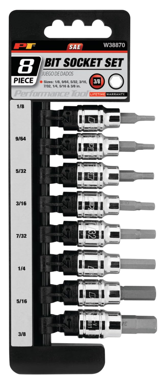 W38870 Performance Tool 8 Piece 3/8 Drive SAE Hex Bit Socket Set 1/8-Inch, 9/64-Inch, 5/32-Inch, 3/16-Inch, 7/32-Inch, 1/4-Inch, 5/16-Inch, 3/8, Black