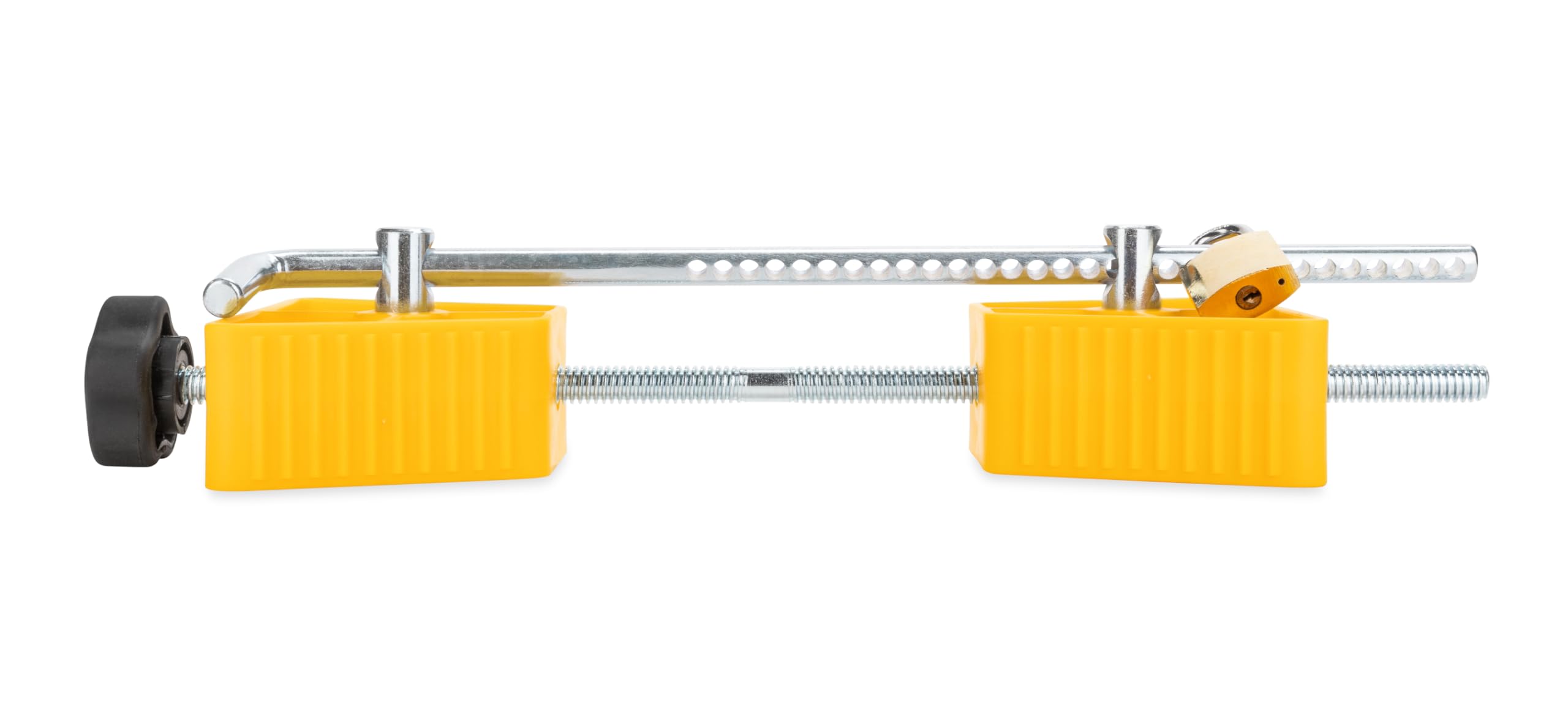 Camco RV Small Wheel Stop with Lock - Stabilizes Your Trailer - Compatible with Tires with a 26" to 30" Diameter & 1 ½" to 3 ½" Tire Spacing (44653), Yellow
