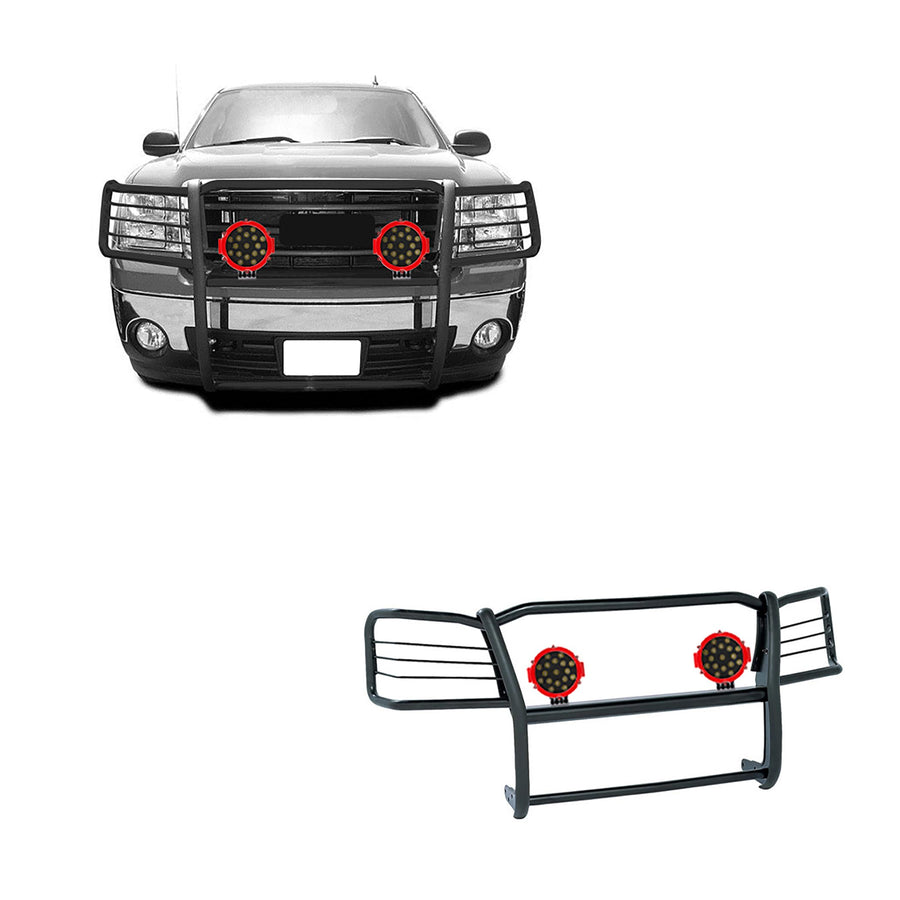 Bumper Guard Modular Black Black Horse Grille brush Come With pair of 7.0"Dia.LED Lights with Red Trim Rings Compatible with 2007-2013 GMC Sierra 1500-17GS10MA-PLR