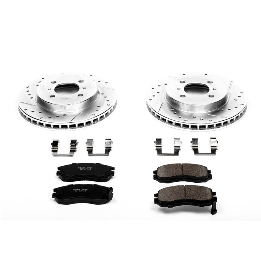 Power Stop K1214 Z23 Carbon Fiber Brake Pads Front with Drilled & Slotted Brake Rotors Kit For Mitsubishi Mirage 1998-2002 [Model Specific]