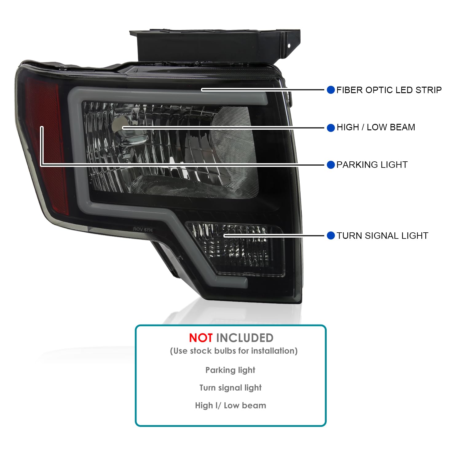 Black Smoke LED Tube Headlights SPEC-D TUNING Compatible with 2009-2014 Ford F150 F-150, Left + Right Pair Headlamps Assembly