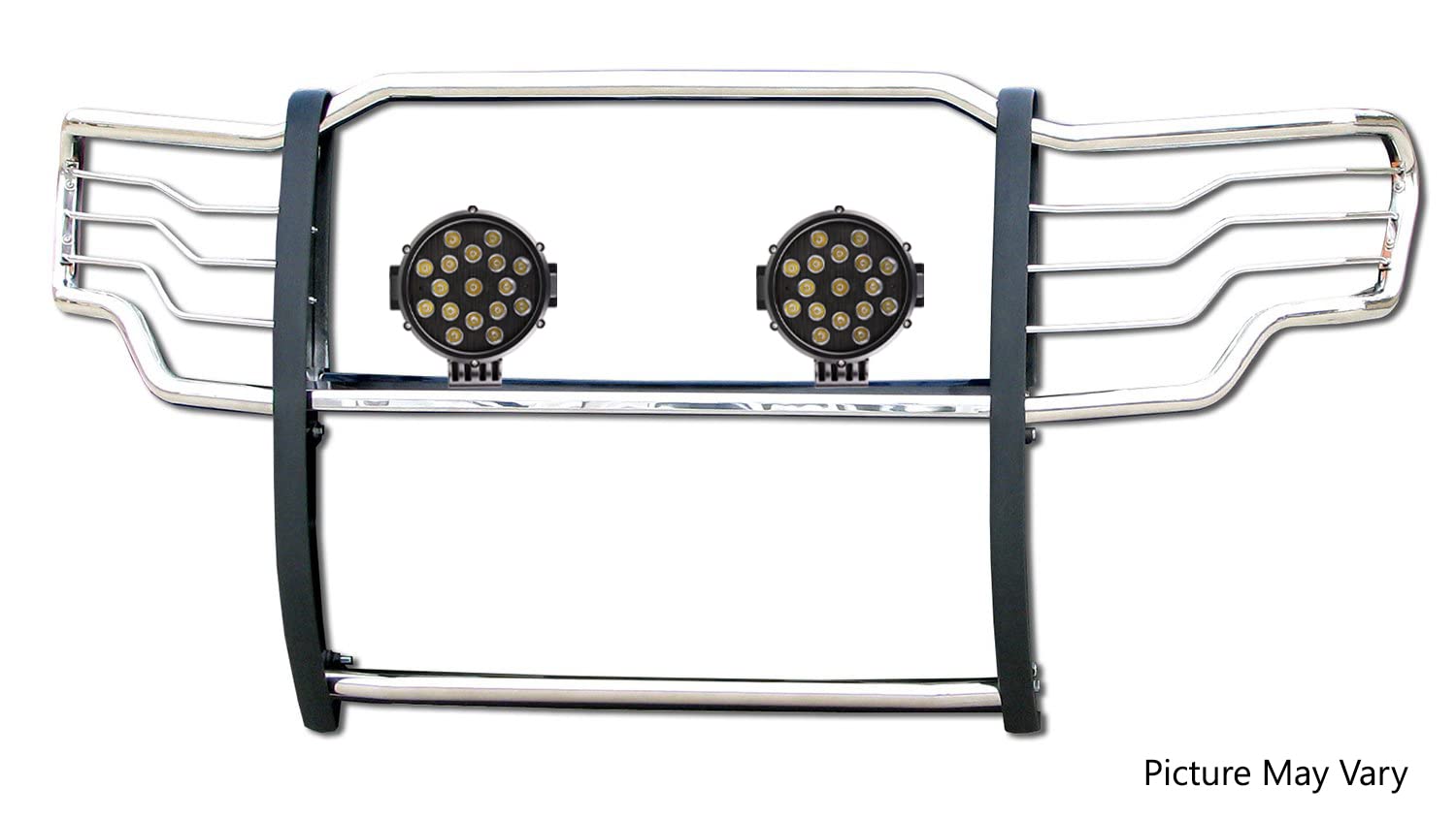 Bumper Guard Black Horse Grille brush Modular Stainless Steel Come With pair of 7.0"Dia.LED Lights with Black Trim Rings Compatible with 2009-2014 Ford F-150-17FP30MSS-PLB