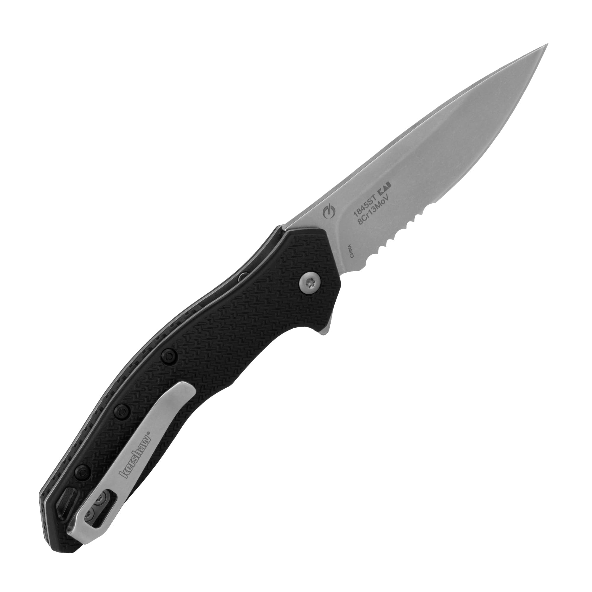 Kershaw Folding Shoreline Pocket Knife, All Purpose 3 inch Serrated Blade, Deep Carry Pocketclip, Black GFN Handle, Stonewashed Blade