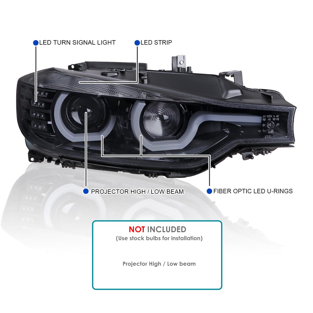 Black Smoke SPEC-D TUNING U-Halo HID Type Projector Headlights w/LED Strip Compatible with 2012-2015 BMW F30 3-Series Sedan, Left + Right Pair Headlamps Assembly