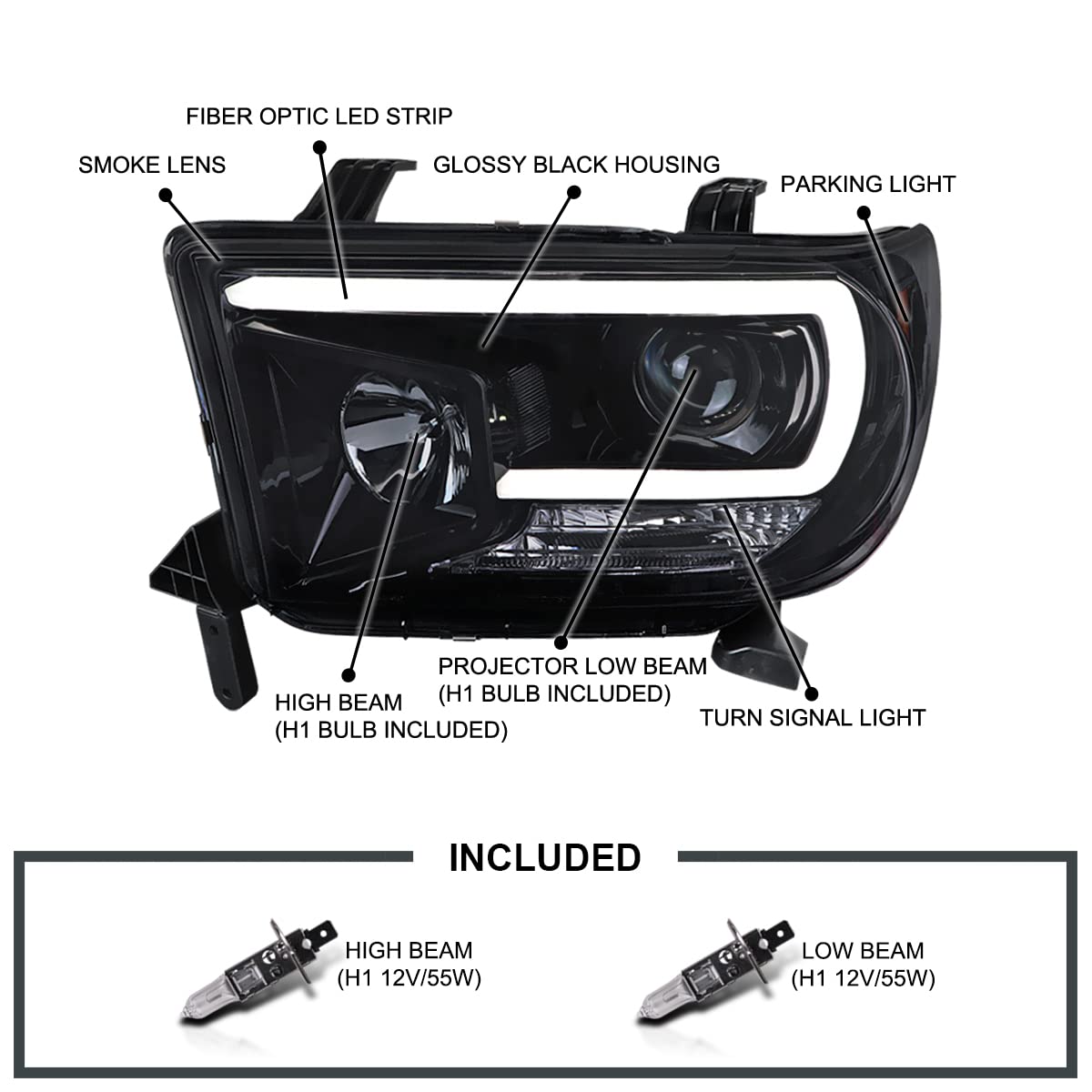 Glossy Black Smoke SPEC-D TUNING Projector Headlights w/LED Light Bar Compatible with 2007-2013 Toyota Tundra, 2008-2017 Toyota Sequoia, Left + Right Pair Headlamps Assembly