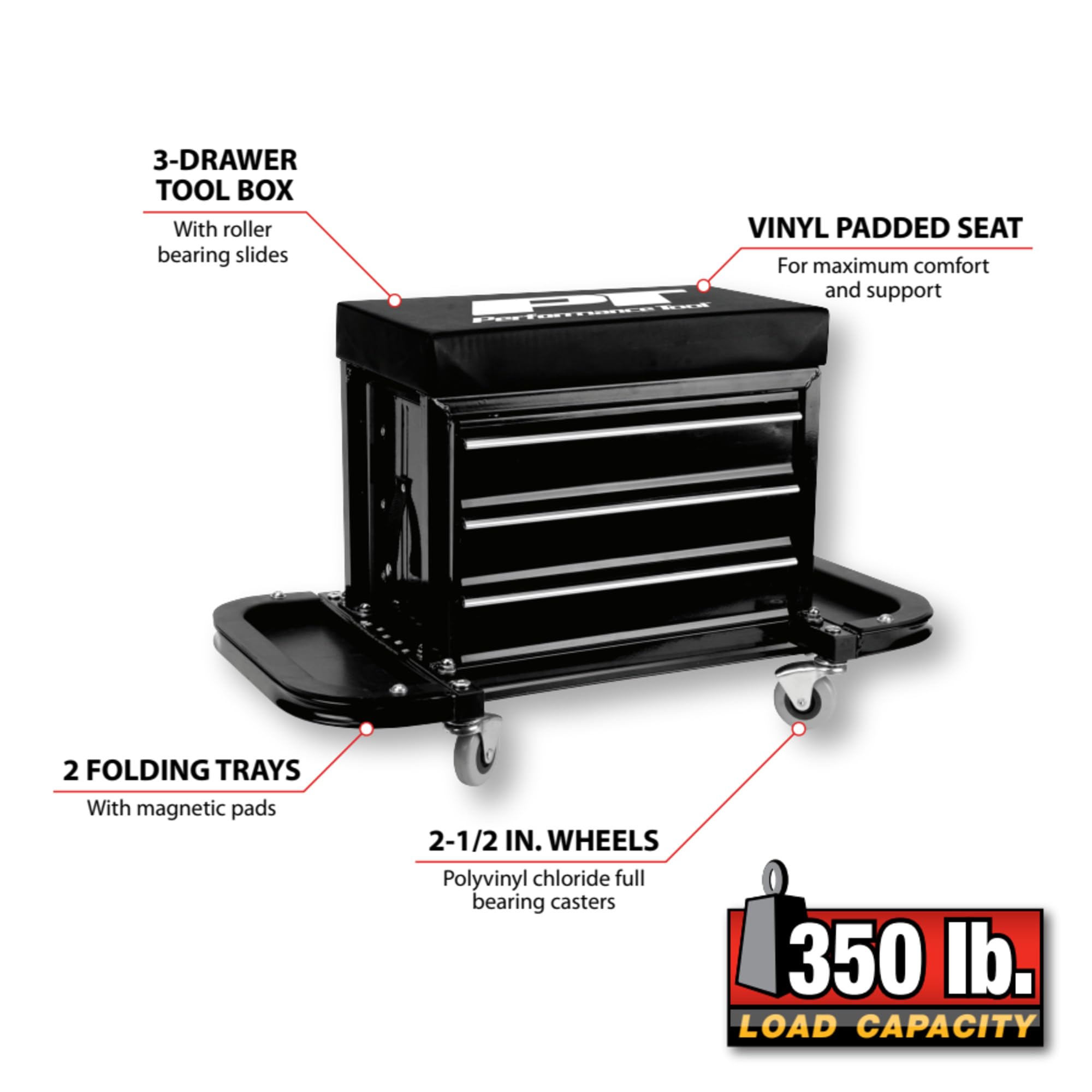 3-Drawer Performance Tool W85025 Rolling Tool Chest Seat With Magnetic Side Trays, Black