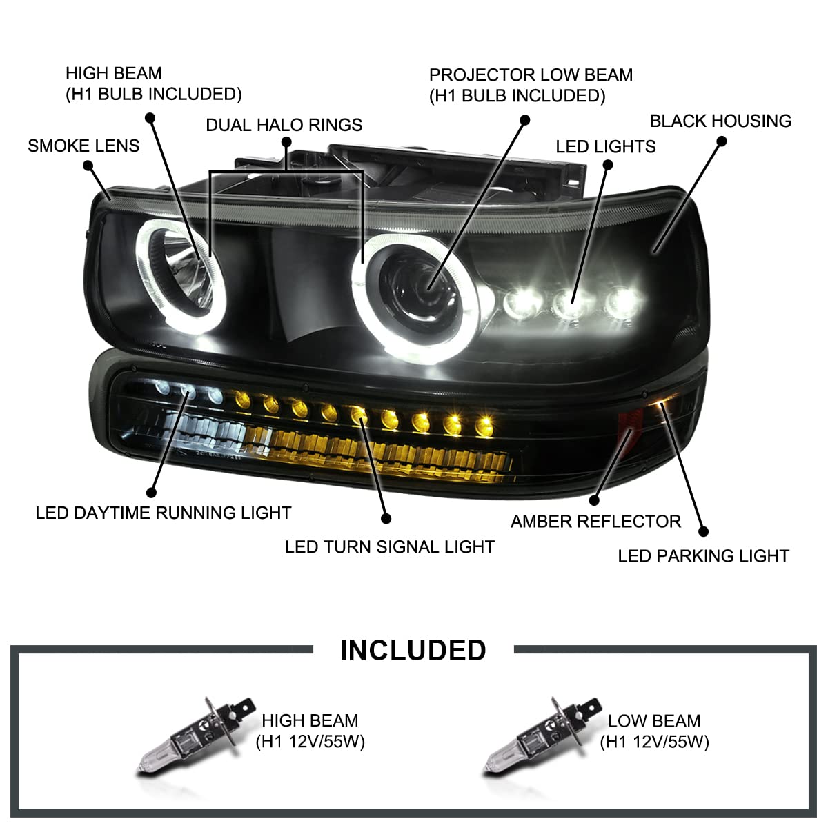 Smoke LED Halo Projector Headlights + LED Bumper Lights SPEC-D TUNING Compatible with 1999-2002 Chevy Silverado 1500/1500HD/2500/2500HD/3500, Left + Right Pair Headlamps Assembly