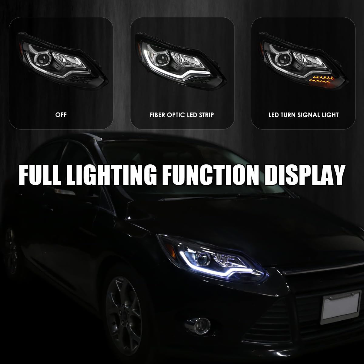 Black SPEC-D TUNING Projector Headlights w/LED Turn Signal Light Bar Compatible with 2012-2014 Ford Focus, Left + Right Pair Headlamps Assembly