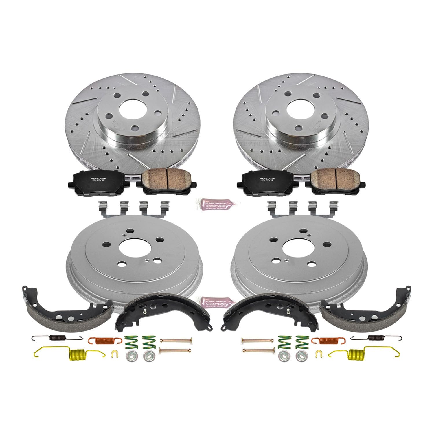 Power Stop K15200DK Z23 Carbon Fiber Brake Pads Front and Rear with Drilled & Slotted Brake Drums Kit For Toyota Corolla 2004-2008 [Model Specific]