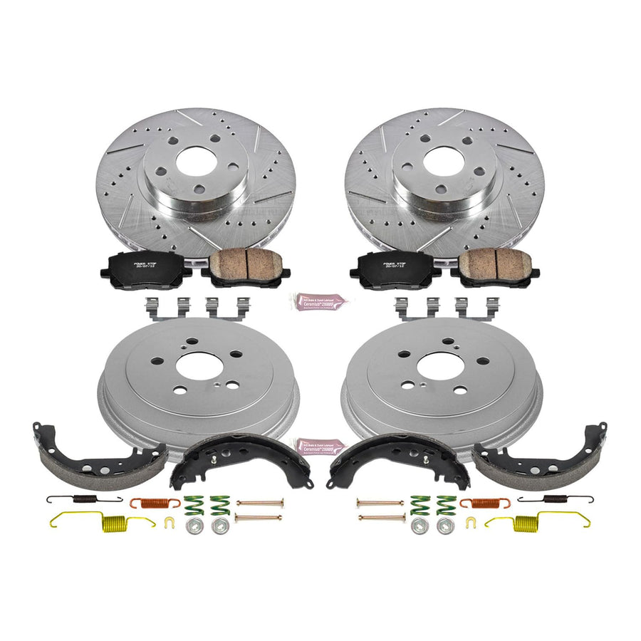Power Stop K15200DK Z23 Carbon Fiber Brake Pads Front and Rear with Drilled & Slotted Brake Drums Kit For Toyota Corolla 2004-2008 [Model Specific]