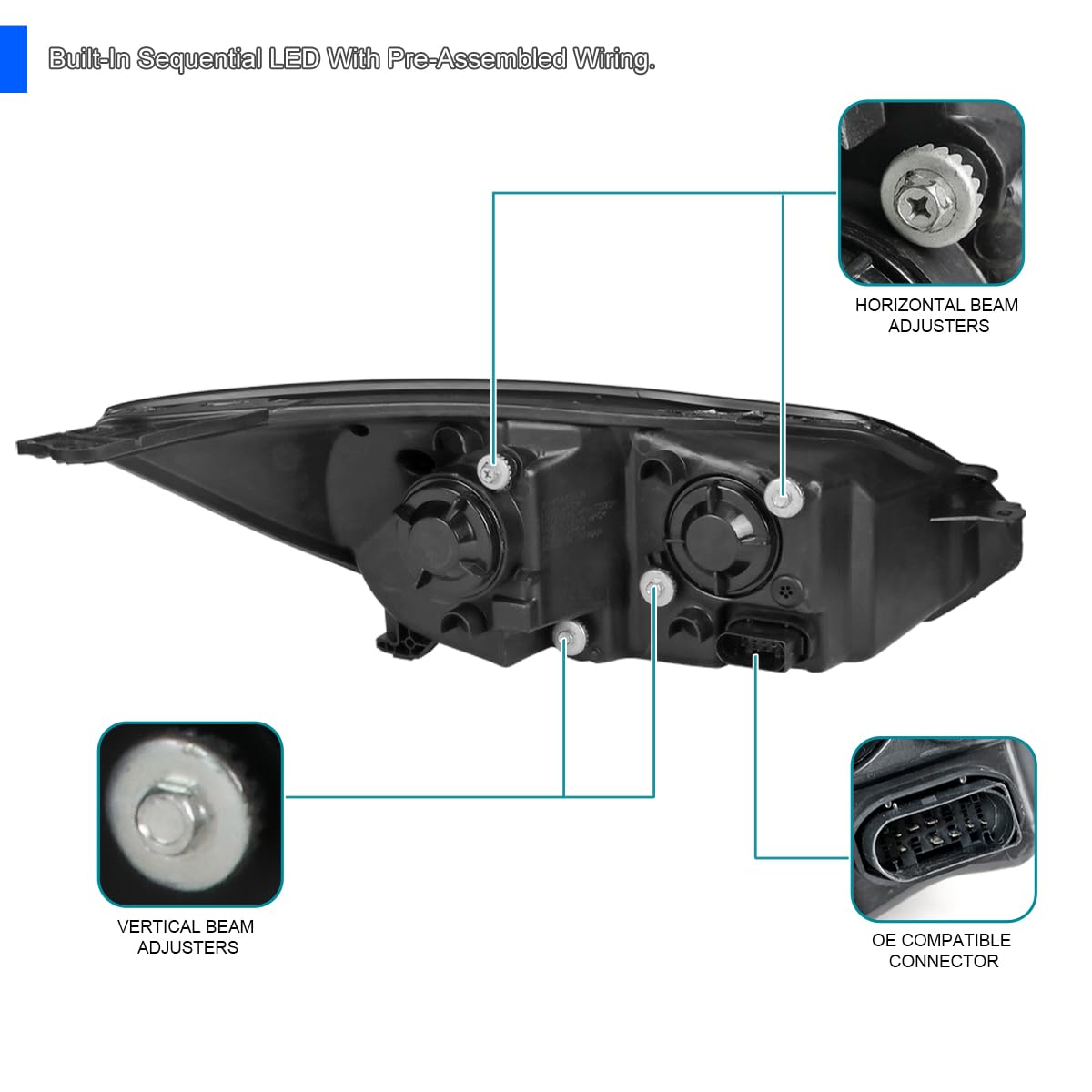 Black Projector Headlights SPEC-D TUNING w/LED Sequential Turn Signal Compatible with 2012-2014 Ford Focus, Fits Models Made in United States And Canada, Left + Right Pair Headlamps Assembly