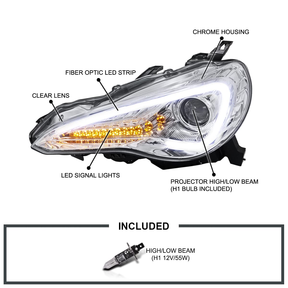 Spec-D Tuning Chrome LED Projector Headlights Compatible with 2013-2016 Scion FR-S with Factory Halogen Headlight