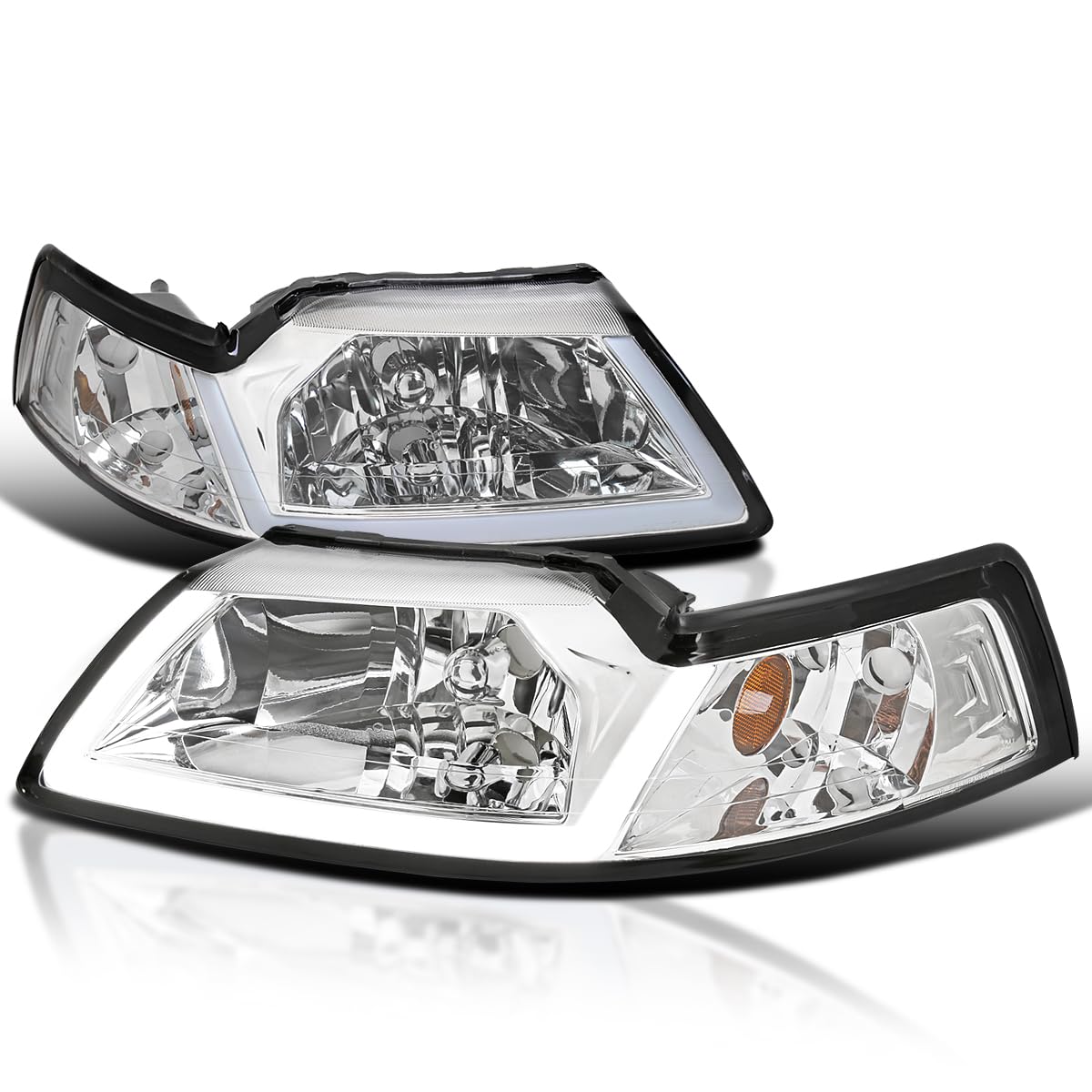 Chrome Headlights with LED Tube Strip SPEC-D TUNING Compatible with 1999-2004 Ford Mustang, Left + Right Pair Headlamp Assembly