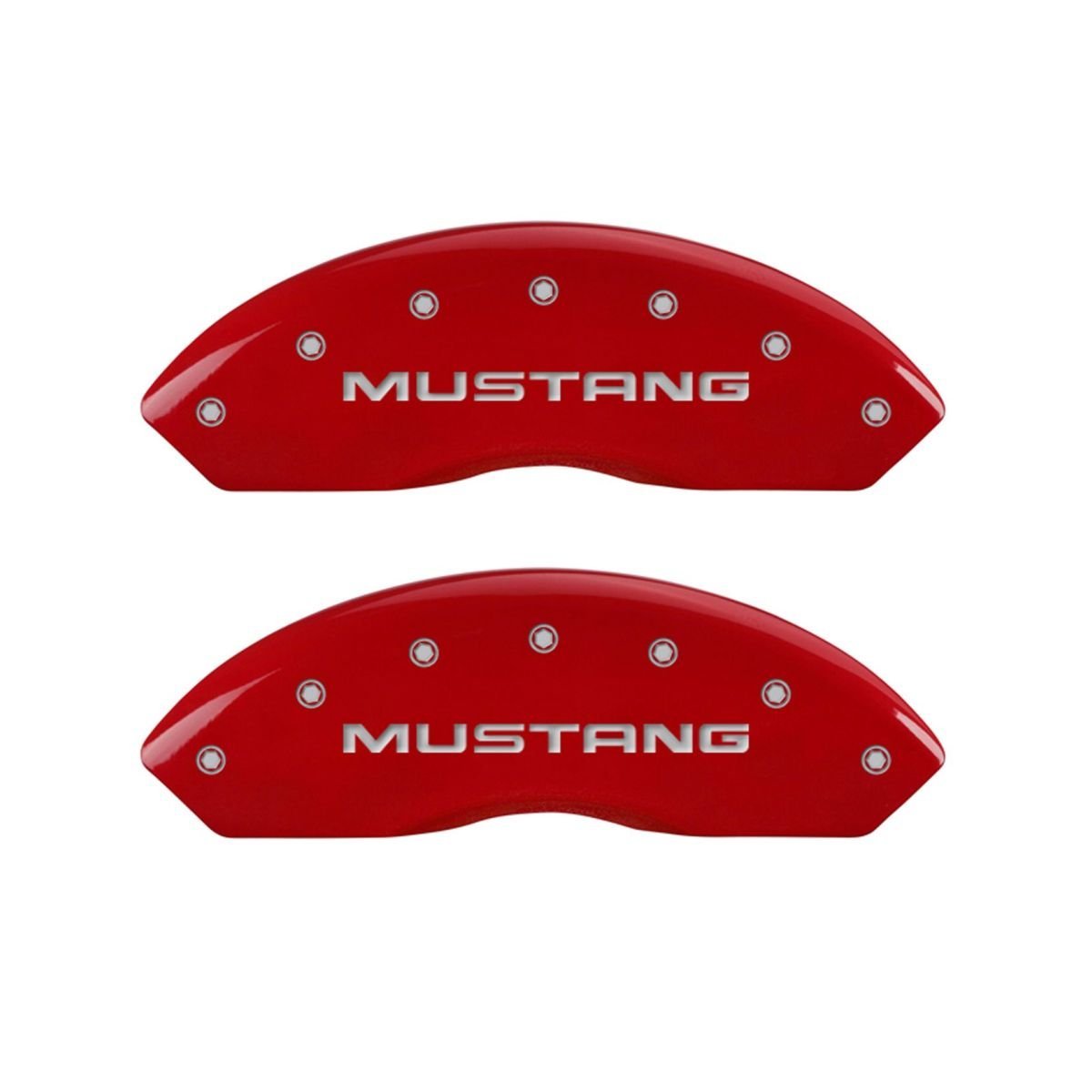SET OF 4 CALIPER COVERS, REAR: PONY, FRONT: MUSTANG, RED, SILVER CHARACTERS