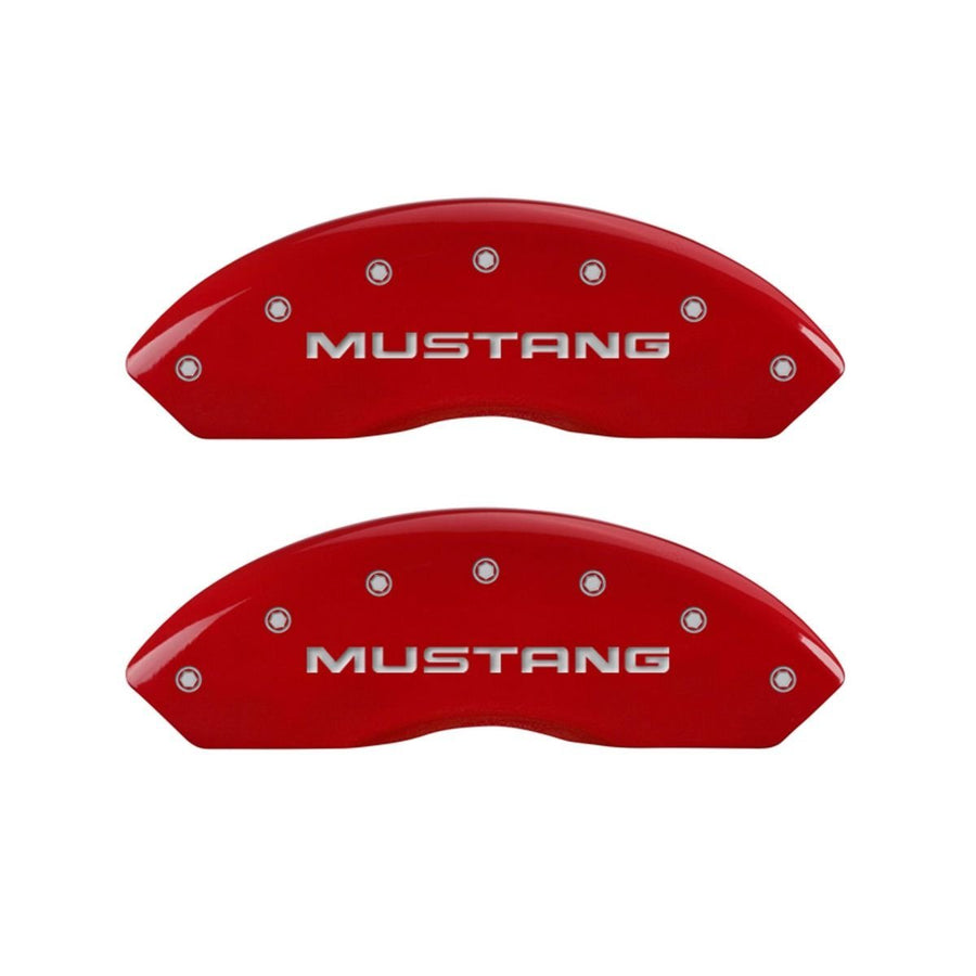 SET OF 4 CALIPER COVERS, REAR: PONY, FRONT: MUSTANG, RED, SILVER CHARACTERS