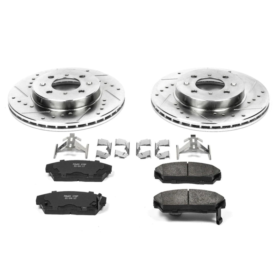 Power Stop K688 Z23 Front Carbon Fiber Brake Pads with Drilled & Slotted Brake Rotors Kit For Acura Integra 1990-1993, Honda Civic 1990-1993 [Model Specific]