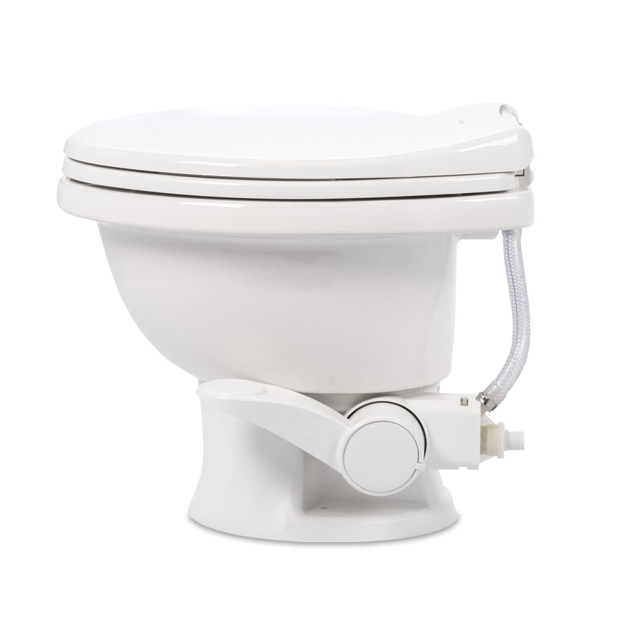 Dometic Model 411 RV Toilet Complete – Round Porcelain Bowl, Universal Fit & 2-Bolt Mount, Low-Profile 13–5/8" Seat Height, Gravity Flush Toilet with Soft-Close Seat, White (9610008263)