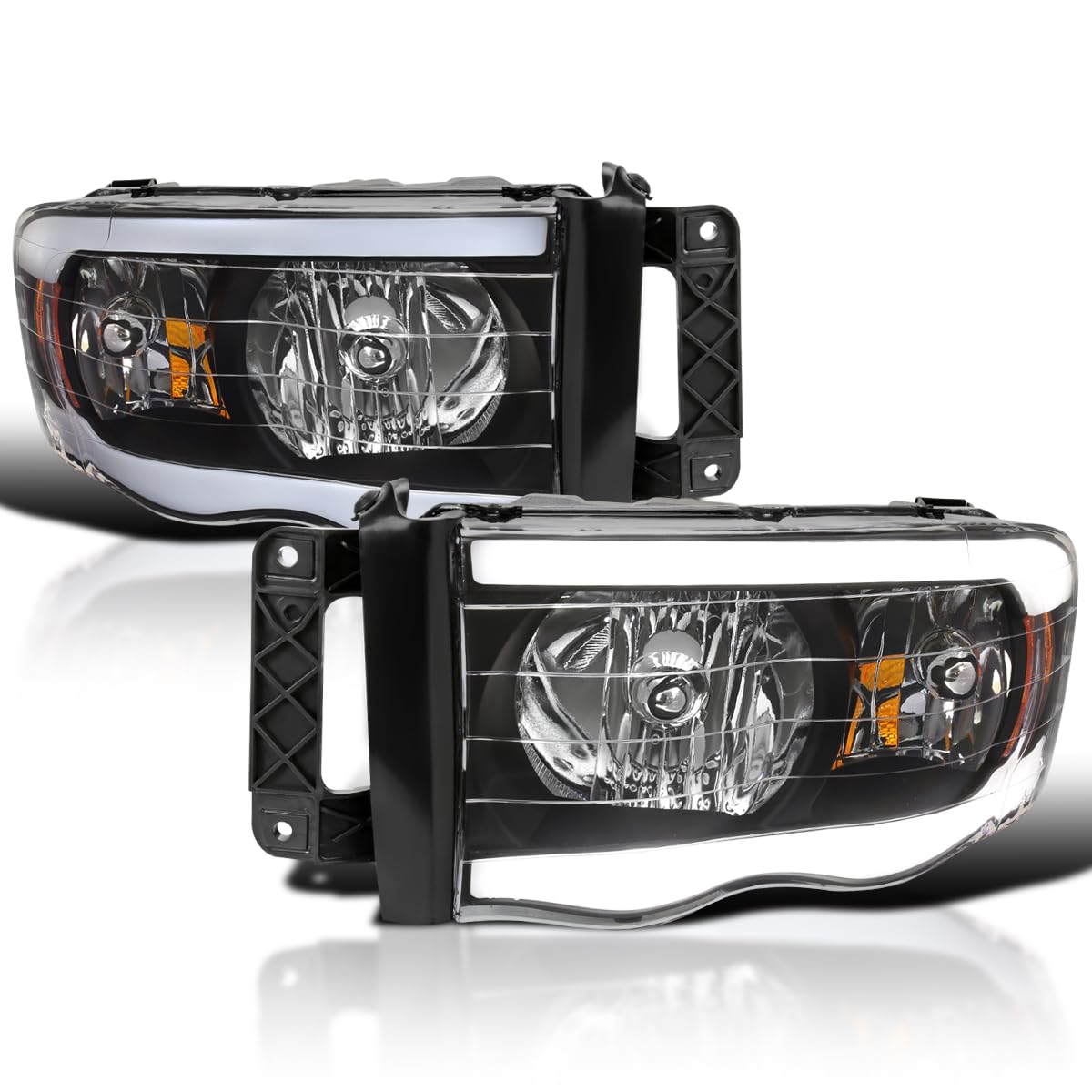 Black LED Tube Headlights SPEC-D TUNING Compatible with 2002-2005 Dodge Ram 1500, 2003-2005 Ram 2500/3500, Left + Right Pair Headlamps Assembly
