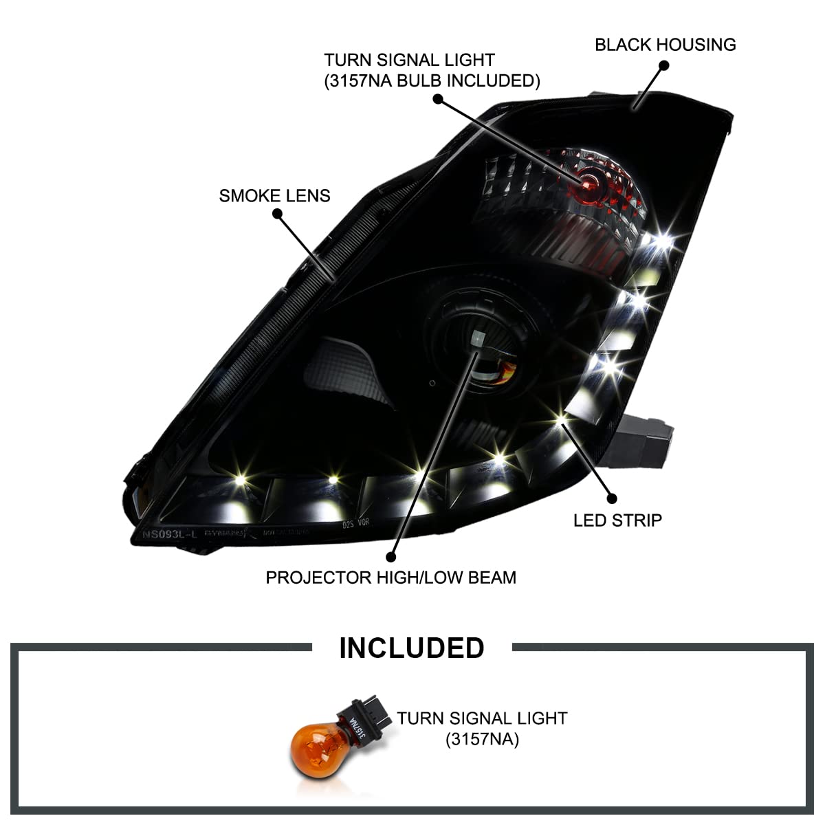 Black Smoke SPEC-D TUNING Projector Headlights w/LED Strip Compatible with 2006-2009 Nissan 350Z with Factory HID Headlight, Left + Right Pair Headlamps Assembly