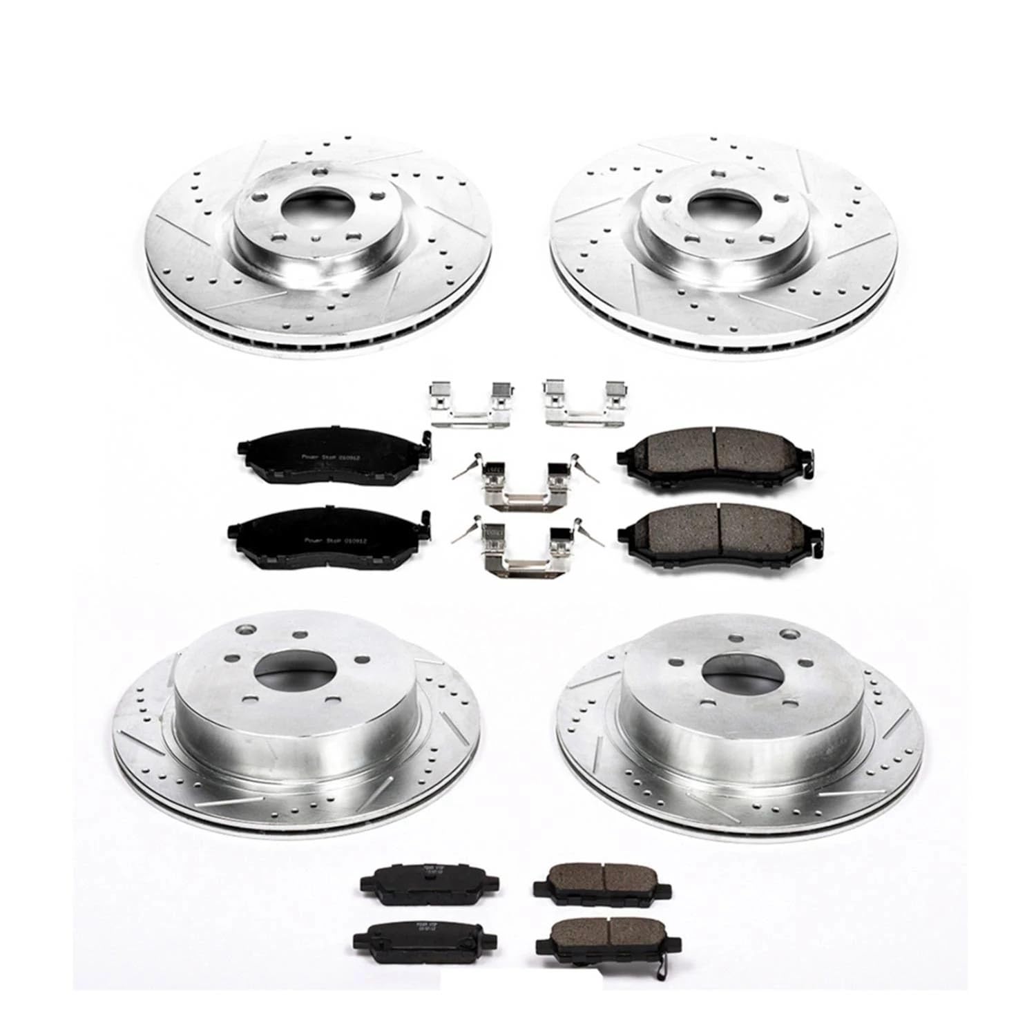 Power Stop K6237 Z23 Carbon Fiber Brake Pads Front and Rear with Drilled & Slotted Brake Rotors Kit