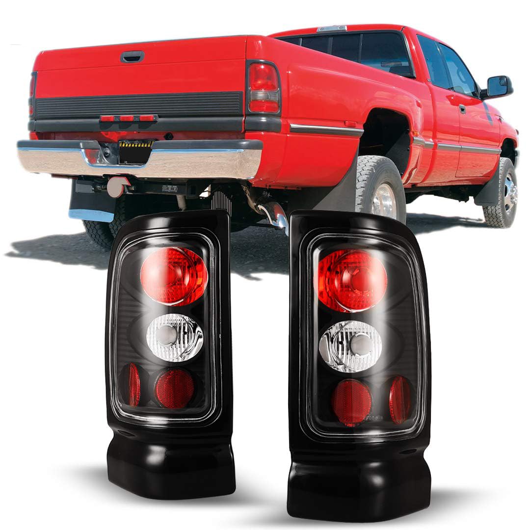Tail Lights Assembly Winjet For 1994-2001 Dodge Ram 1500 2500 3500 Pickup, Rear Lamps Replacement For 1995-2002 Dodge Ram 4000, Driver and Passenger Side Rear Lights (Black Housing Clear Lens)