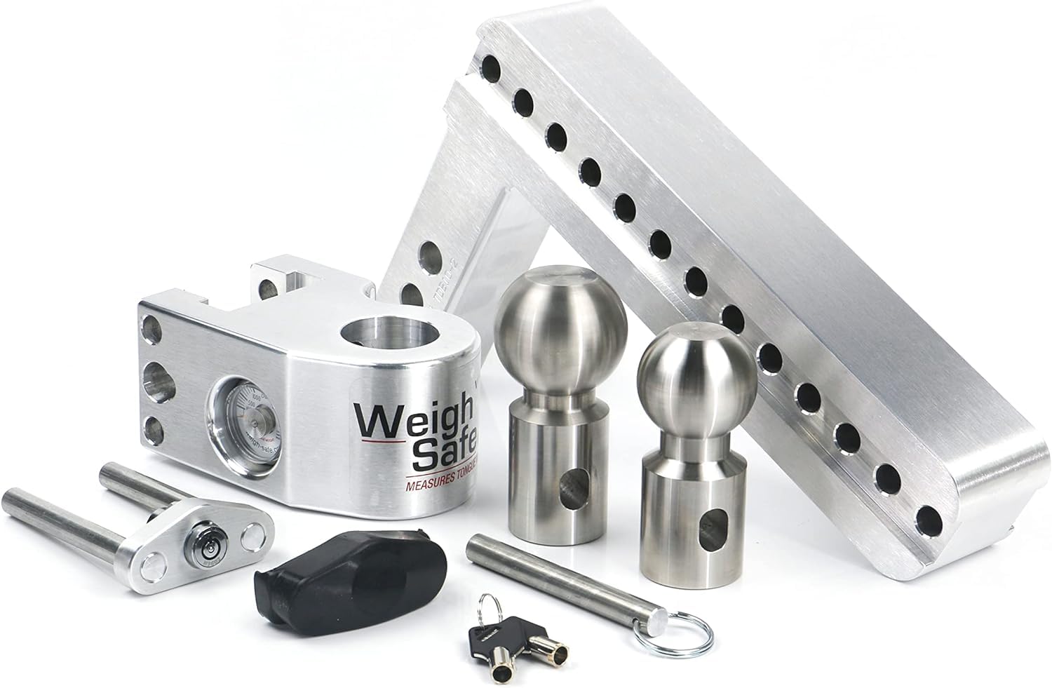 Weigh Safe 10" Drop Hitch WS10-2 w/ 2" Shank/Shaft, Adjustable Aluminum Trailer Hitch & Ball Mount w/ Built-in Scale, 2 Stainless Steel Balls (2" & 2-5/16") and a Double-pin Key Lock
