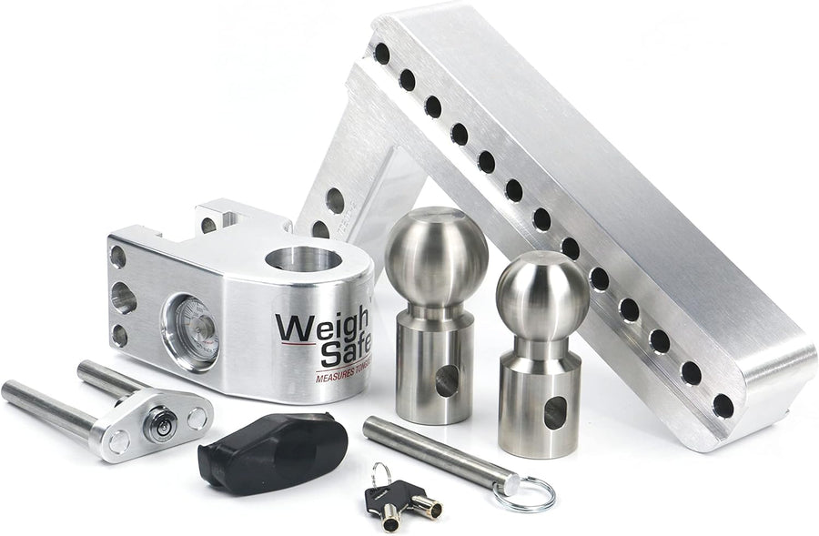 Weigh Safe 10" Drop Hitch WS10-2 w/ 2" Shank/Shaft, Adjustable Aluminum Trailer Hitch & Ball Mount w/ Built-in Scale, 2 Stainless Steel Balls (2" & 2-5/16") and a Double-pin Key Lock