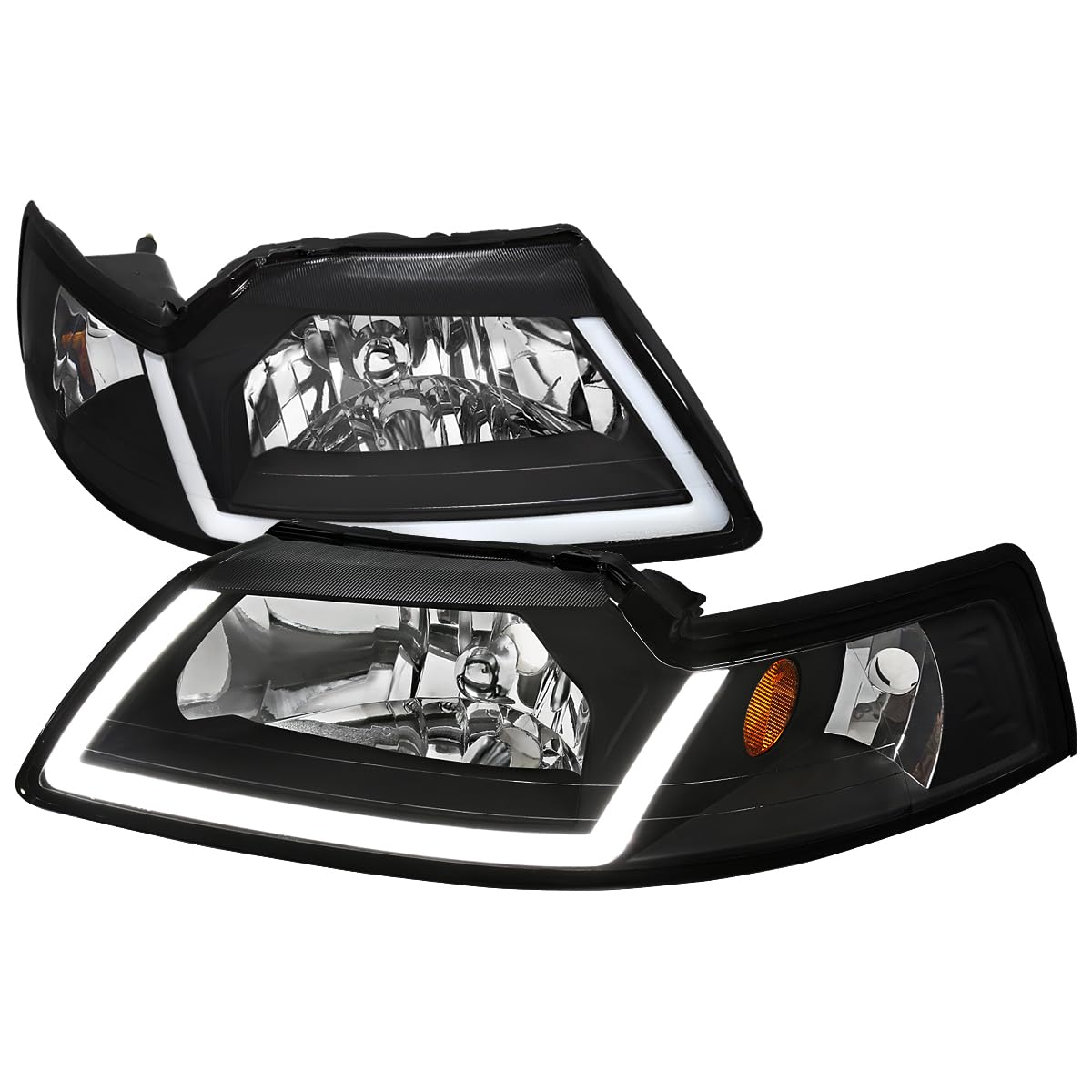 Black SPEC-D TUNING Headlights with LED Tube Strip Compatible with 1999-2004 Ford Mustang, Left + Right Pair Headlamp Assembly