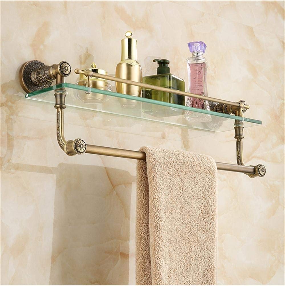 Singlelayer Retro Glass Bathroom Shelves With Towel Bar, Carving Design, Brushed Process, Wallmounted, 52 * 13cm Bathroom Shelf