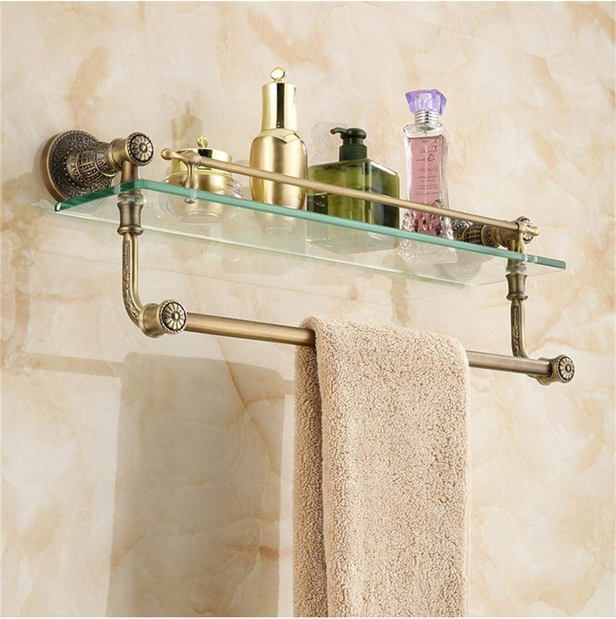 Singlelayer Retro Glass Bathroom Shelves With Towel Bar, Carving Design, Brushed Process, Wallmounted, 52 * 13cm Bathroom Shelf