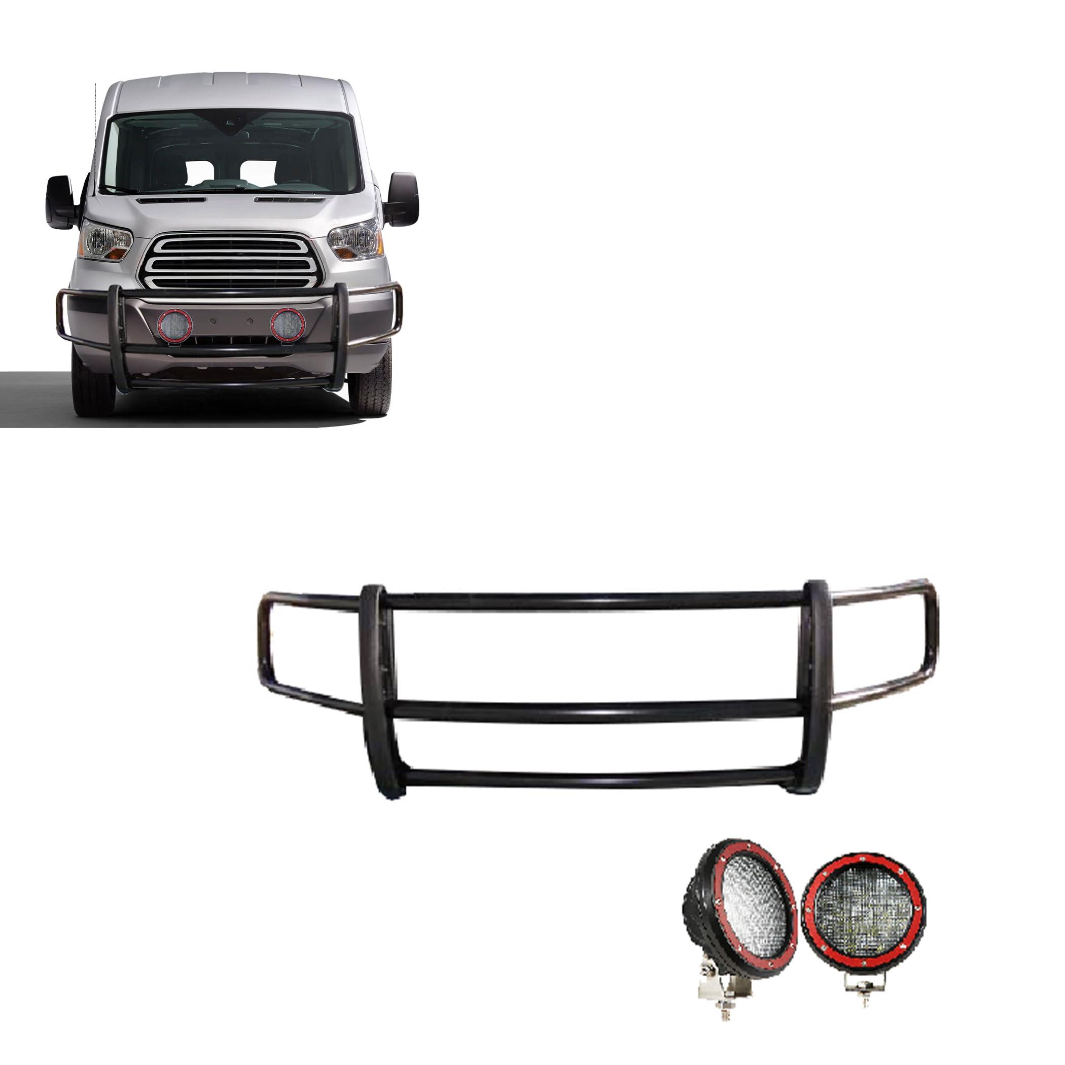 Spartan Black Horse Grille Brush Bumper Guard Modular Come with Pair of 5.3" LED Lights Compatible with 2020-2025 Ford Transit 350 HD/Transit 250/Transit-150 2WD Full Size-17FT20MA-PLFR