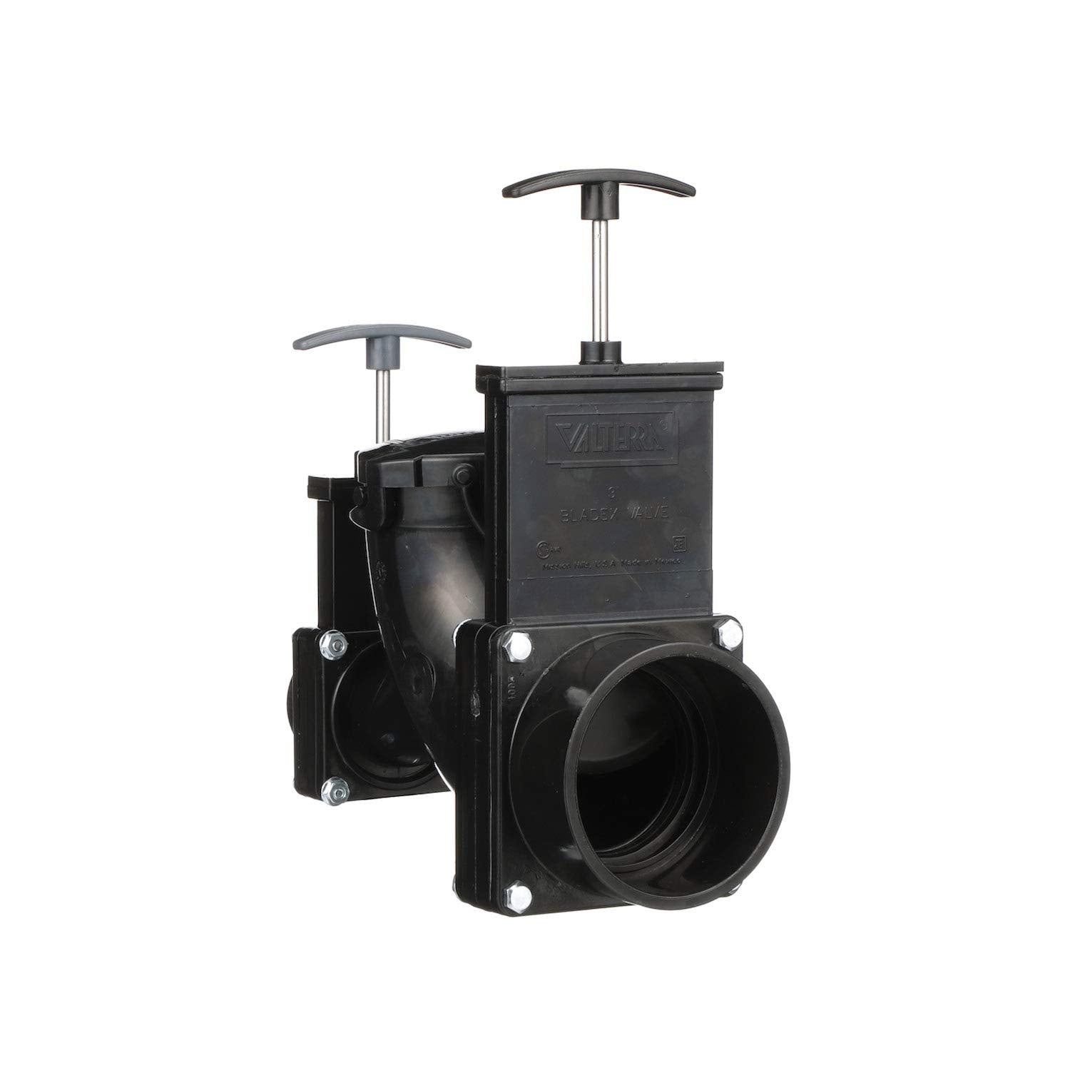 Valterra Double Rotating Ell Valve, Mess-Free Waste Valve for RV's, Campers, Trailers, 3" Hub x 1.5" Hub x 3" Bayonet Cap