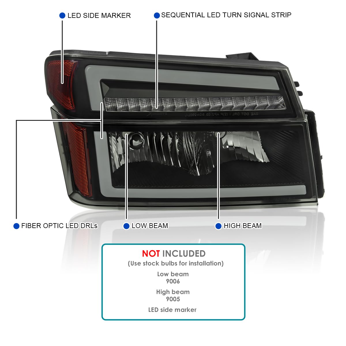 Black Smoke SPEC-D TUNING Headlights + Corner Lights w/LED Tube Compatible with 2004-2012 Chevy Colorado, GMC Canyon Left+Right Head Lamp Assembly