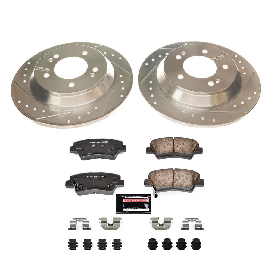 Power Stop K8923 Rear Carbon-Fiber Ceramic Brake Pad with Drilled and Slotted Rotor Kit Z23 Daily Driver For Kia Soul 2020-2021 [Model Specific]