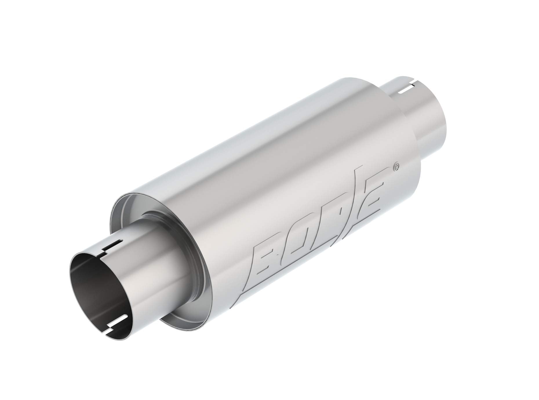 BORLA Resonator/Specialty 401343 - 3" Center Inlet/ 3" Center Outlet 5" Round x 10" Long Body 15" Overall Length. Universal Part. Reversible Design. Notched Necks.